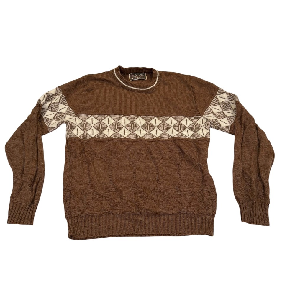 Claude by Brentwood Mens Brown Geometric Knit Sweater Made in USA Medium Vintage
